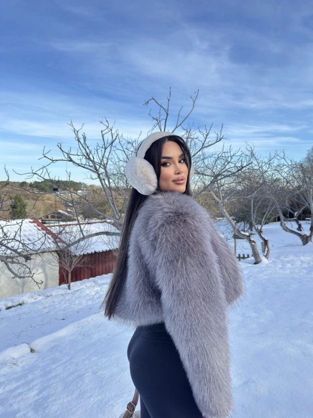 Gri Simli Crop Kürk Ceket