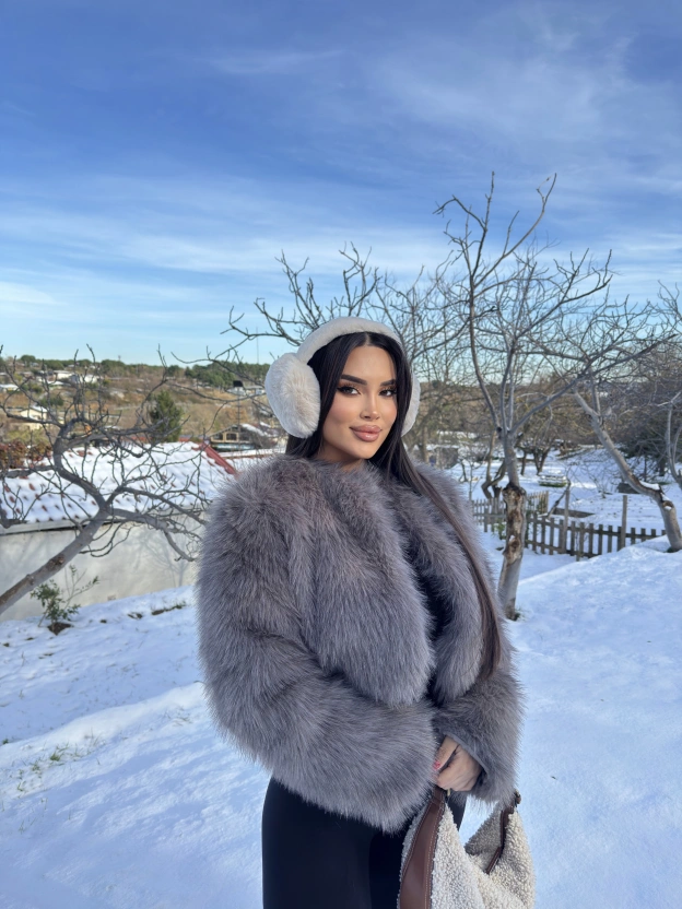 Gri Simli Crop Kürk Ceket