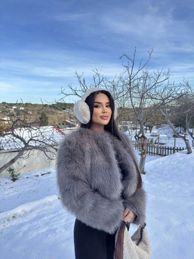 Gri Simli Crop Kürk Ceket