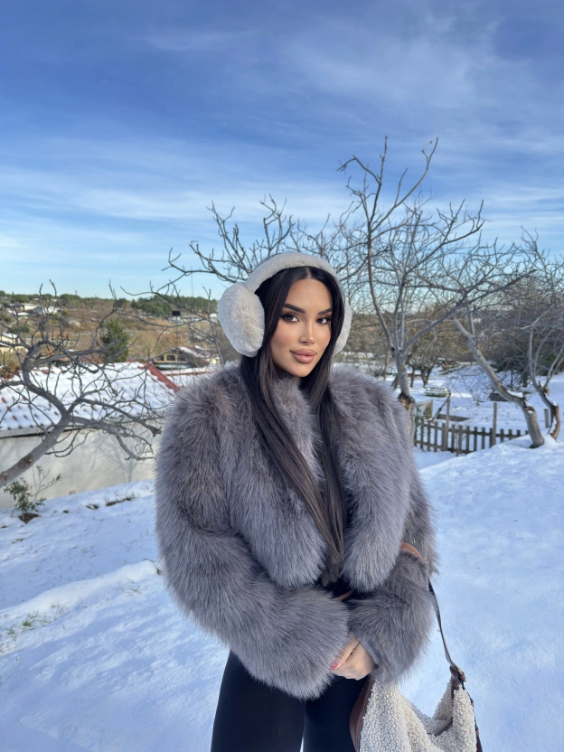 Gri Simli Crop Kürk Ceket