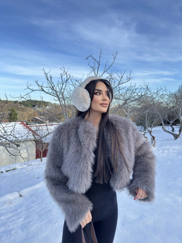 Gri Simli Crop Kürk Ceket