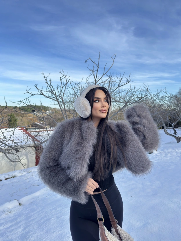 Gri Simli Crop Kürk Ceket