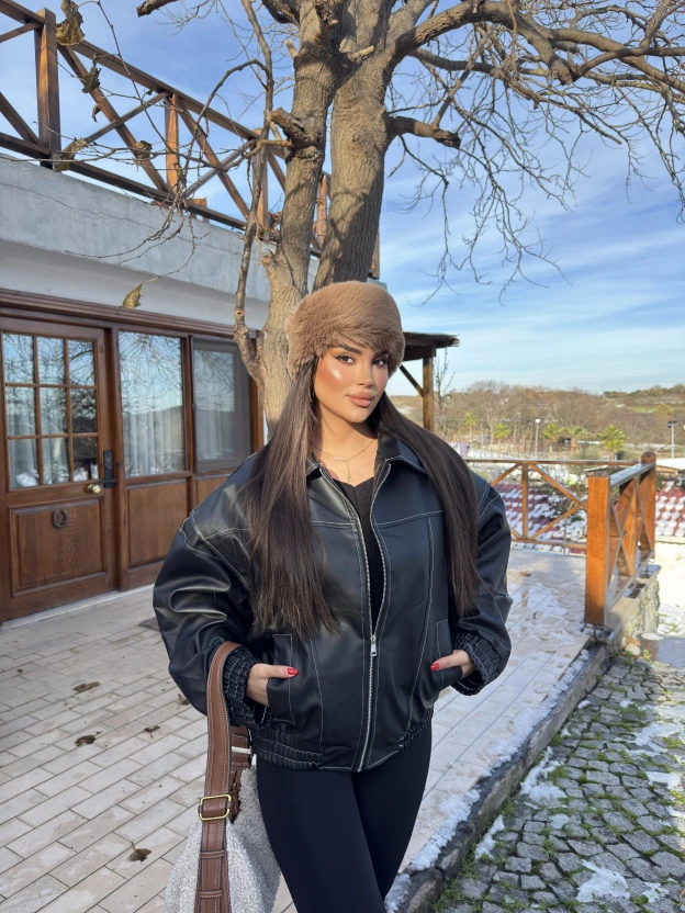 Siyah Oversize Dikiş Detay Deri Ceket