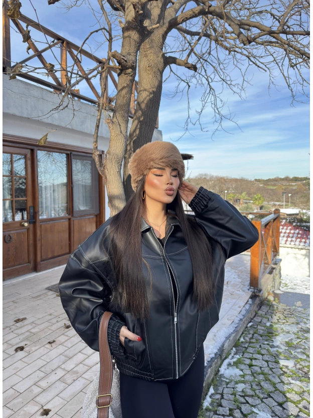 Siyah Oversize Dikiş Detay Deri Ceket