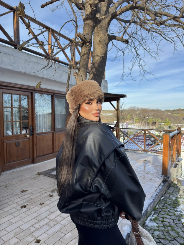 Siyah Oversize Dikiş Detay Deri Ceket