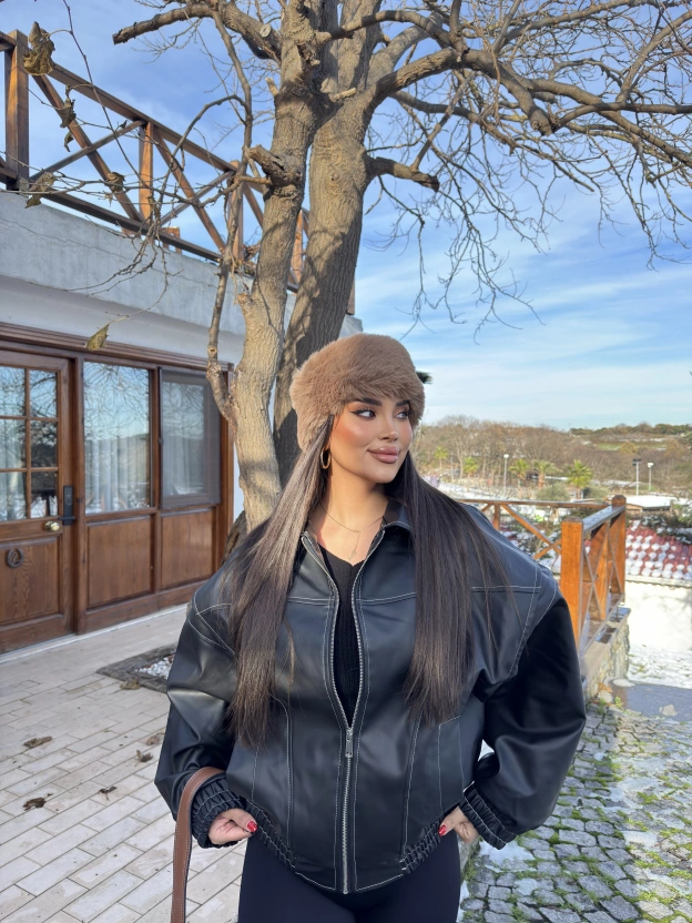 Siyah Oversize Dikiş Detay Deri Ceket