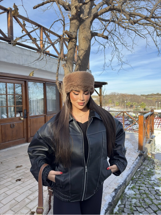 Siyah Oversize Dikiş Detay Deri Ceket