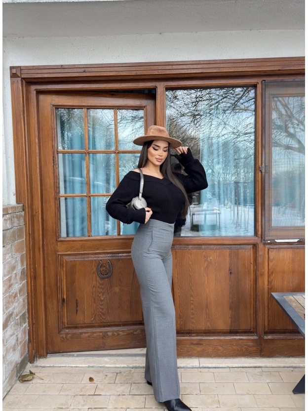 Gri Yüksek Bel Kumaş Pantolon