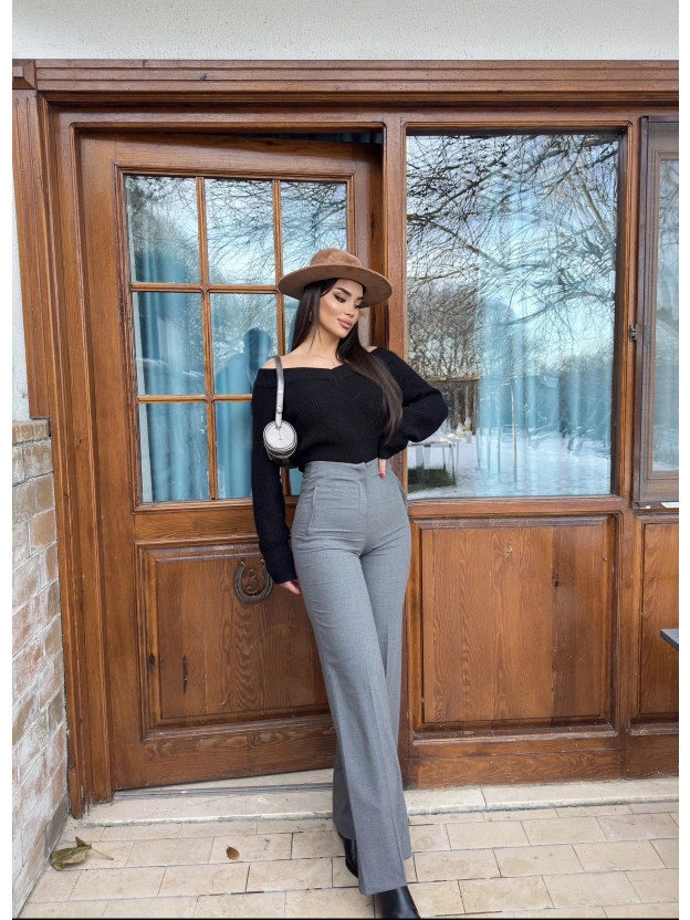 Gri Yüksek Bel Kumaş Pantolon