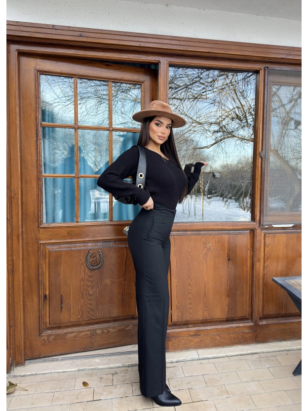 Siyah Yüksek Bel Kumaş Pantolon