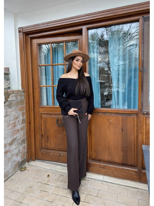 Kahverengi Yüksek Bel Kumaş Pantolon