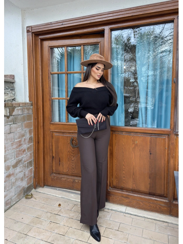 Kahverengi Yüksek Bel Kumaş Pantolon