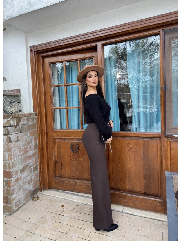 Kahverengi Yüksek Bel Kumaş Pantolon