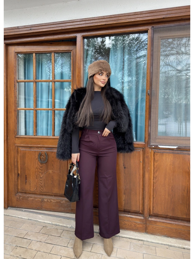 Mürdüm Beli Lastikli Kumaş Pantolon