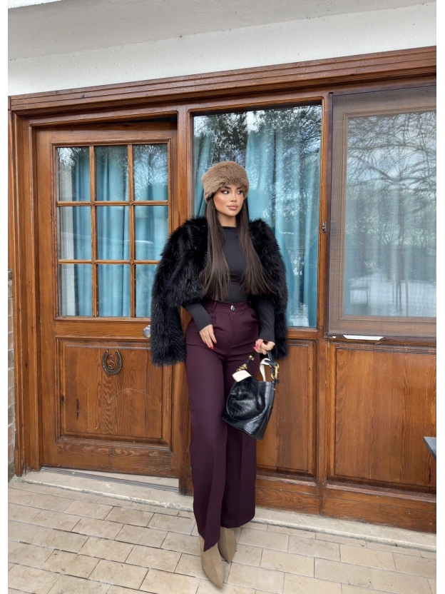 Mürdüm Beli Lastikli Kumaş Pantolon