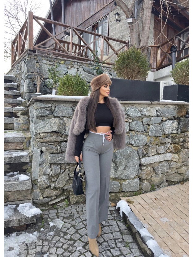 Gri Bel Detay Kumaş Pantolon