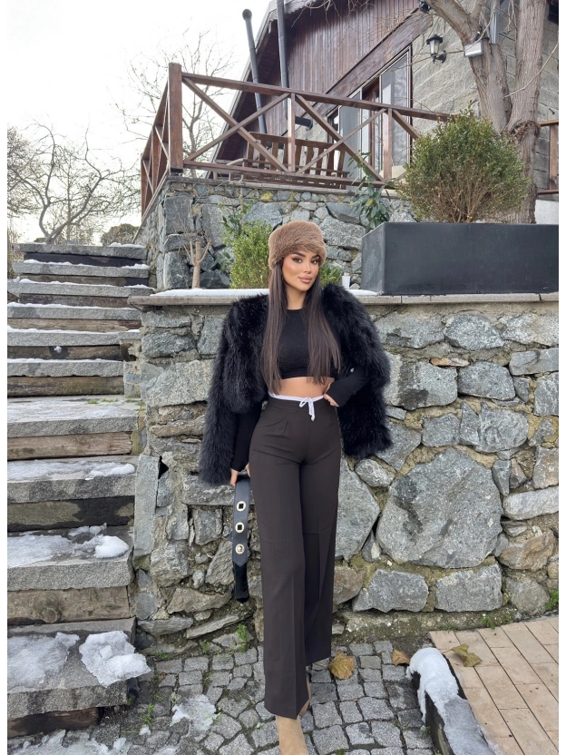 Kahverengi Bel Detay Kumaş Pantolon