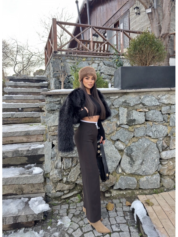 Kahverengi Bel Detay Kumaş Pantolon