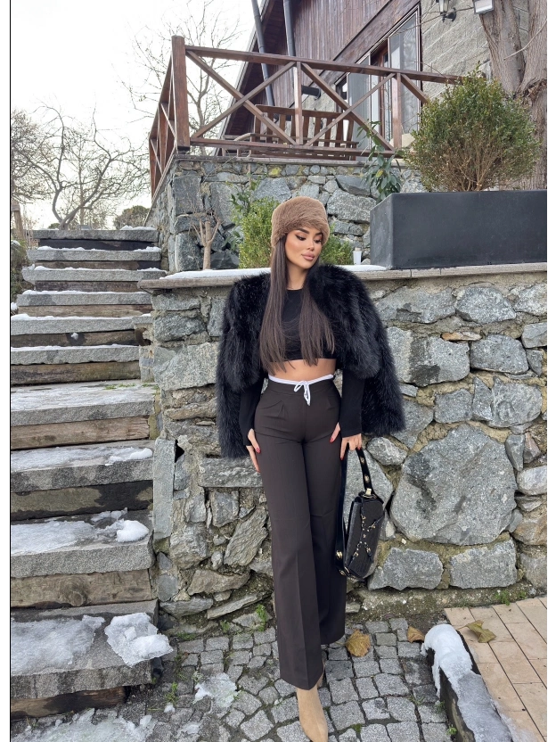 Kahverengi Bel Detay Kumaş Pantolon