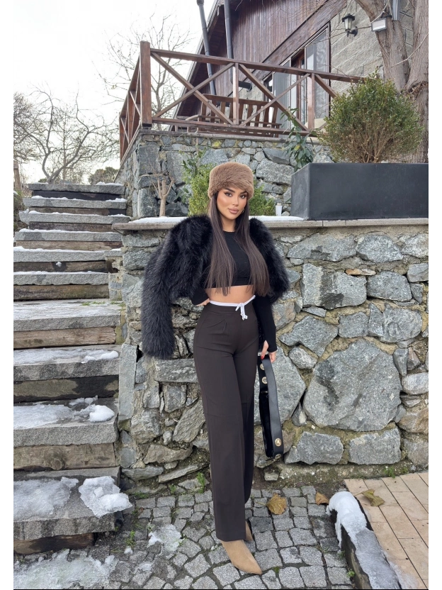 Kahverengi Bel Detay Kumaş Pantolon