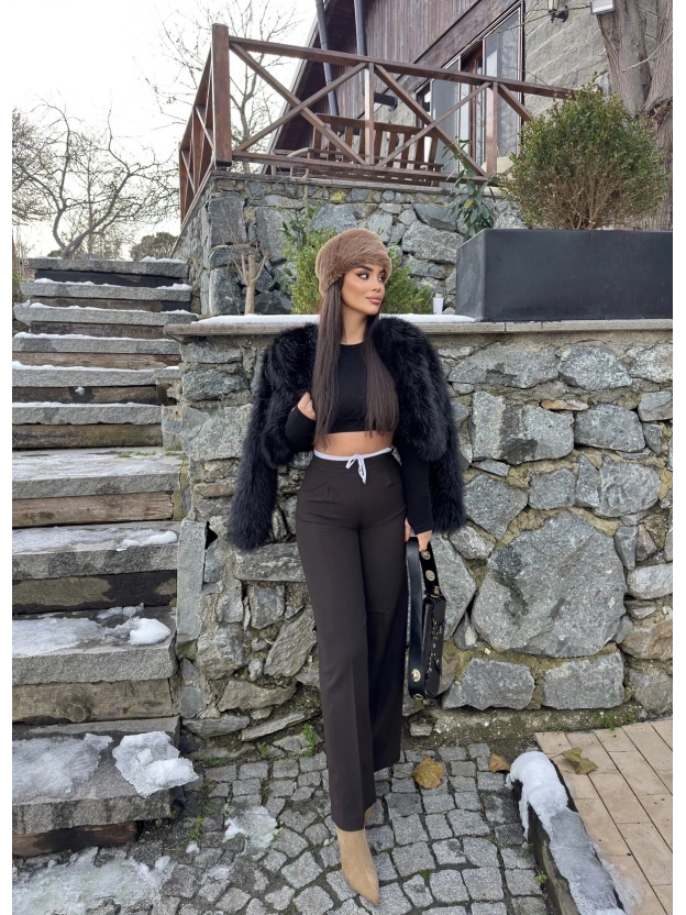 Kahverengi Bel Detay Kumaş Pantolon