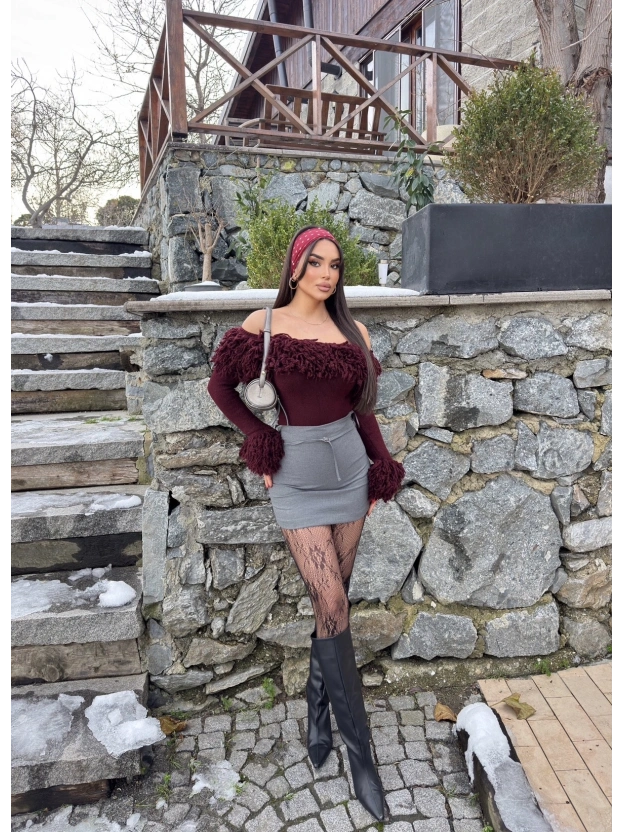 Antrasit Toka Detay Mini Şort Etek