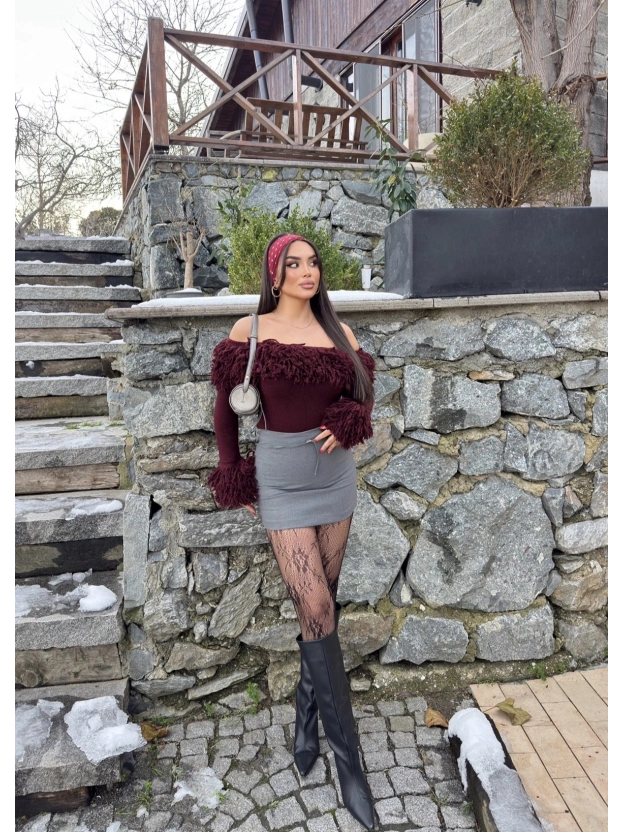 Antrasit Toka Detay Mini Şort Etek