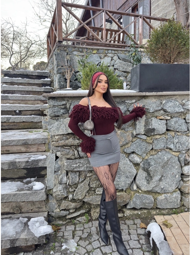 Antrasit Toka Detay Mini Şort Etek