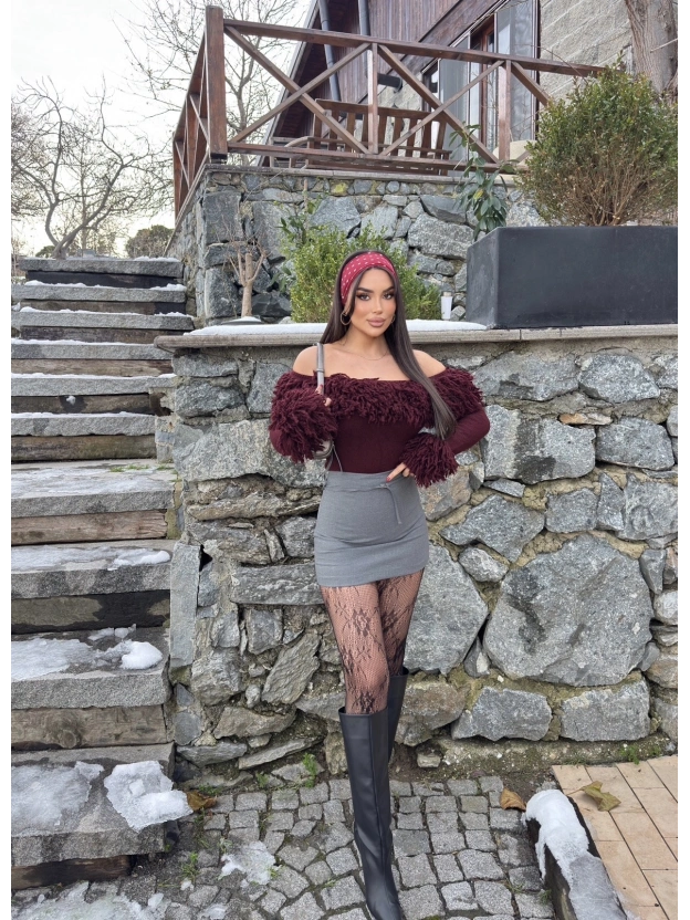 Antrasit Toka Detay Mini Şort Etek