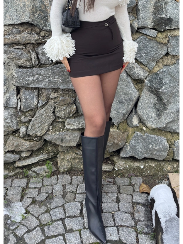 Kahverengi Toka Detay Mini Şort Etek