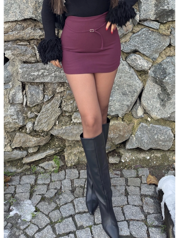 Bordo Toka Detay Mini Şort Etek