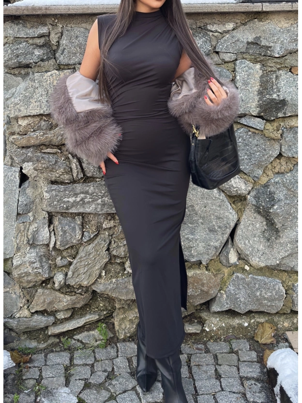 Siyah Kolsuz Yırtmaç Detay Uzun Elbise