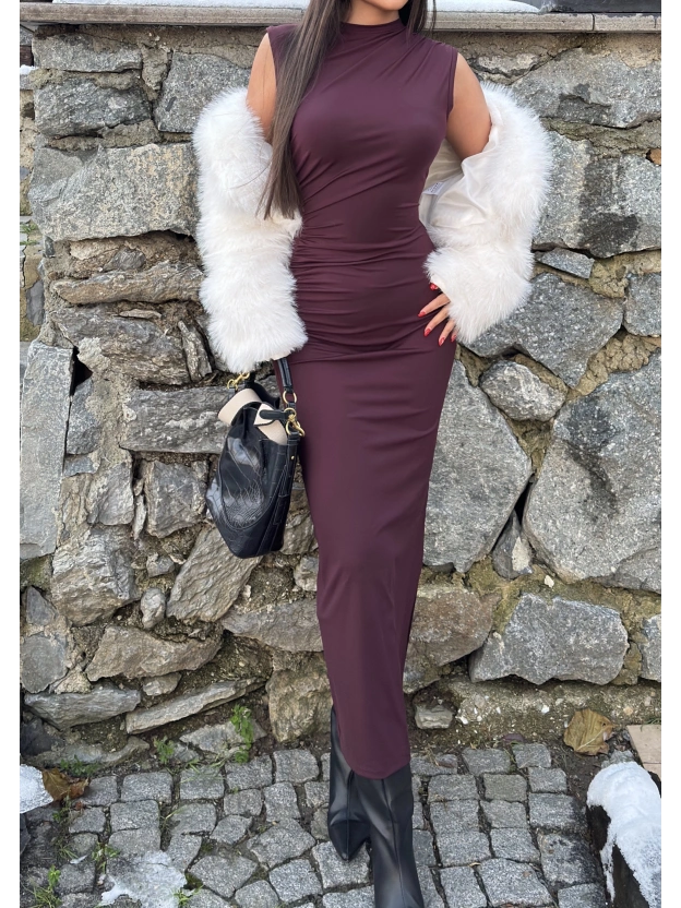 Mürdüm Kolsuz Yırtmaç Detay Uzun Elbise