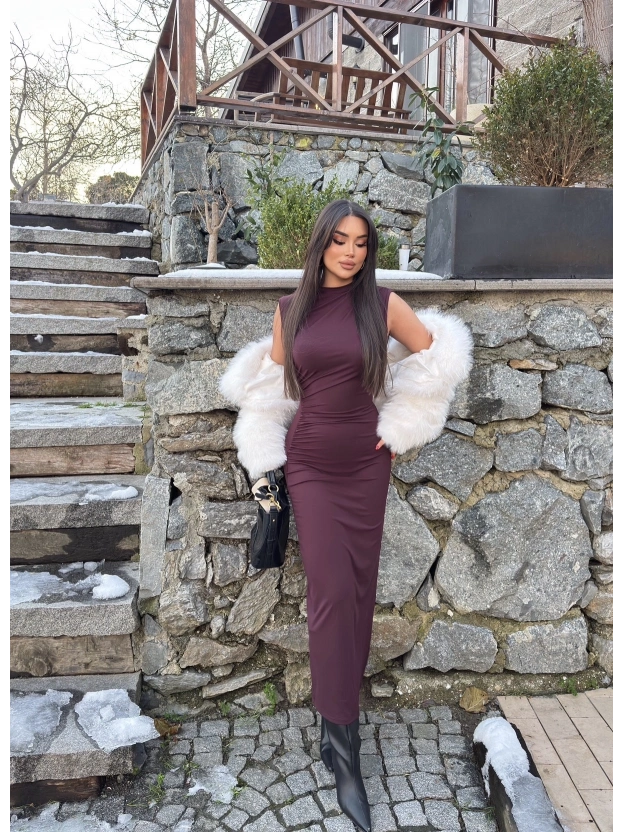 Mürdüm Kolsuz Yırtmaç Detay Uzun Elbise