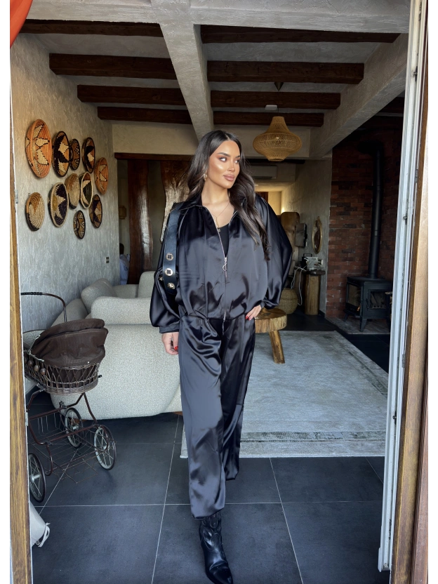 Siyah Saten Yarasa Kol İkili Takım