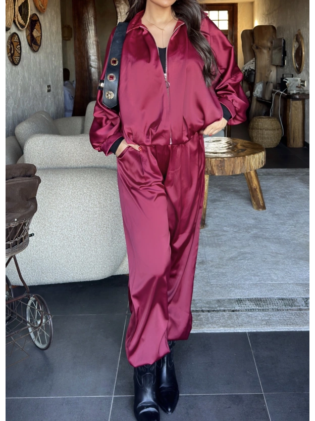 Bordo Saten Yarasa Kol İkili Takım