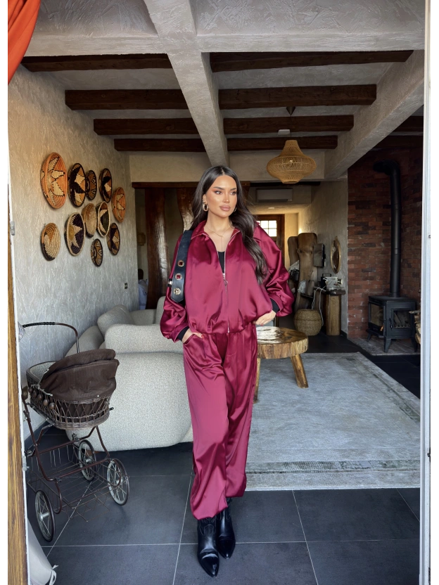 Bordo Saten Yarasa Kol İkili Takım