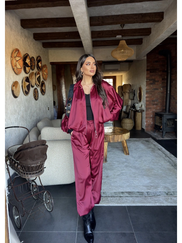 Bordo Saten Yarasa Kol İkili Takım