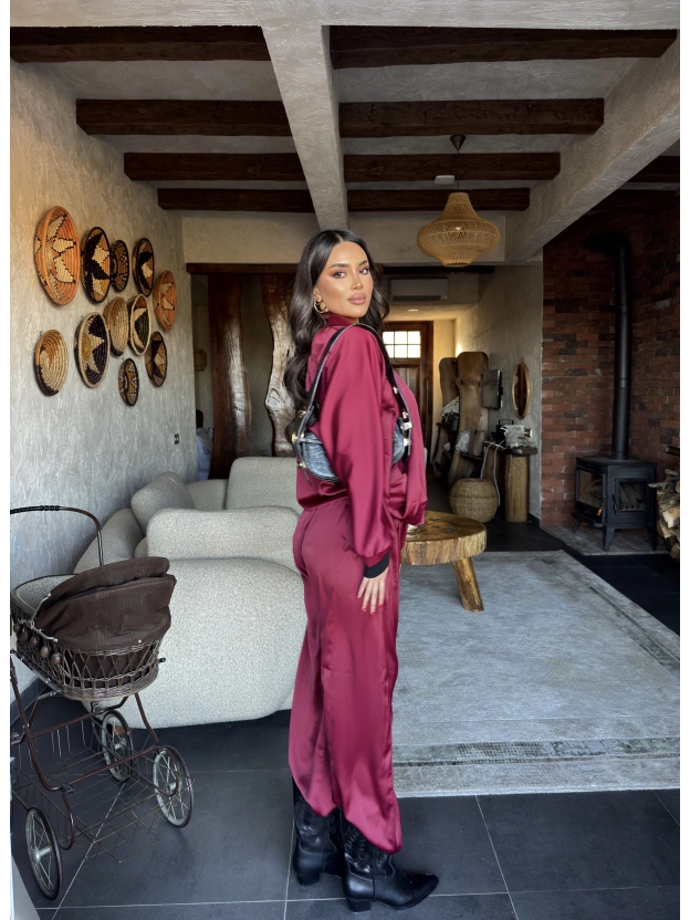 Bordo Saten Yarasa Kol İkili Takım