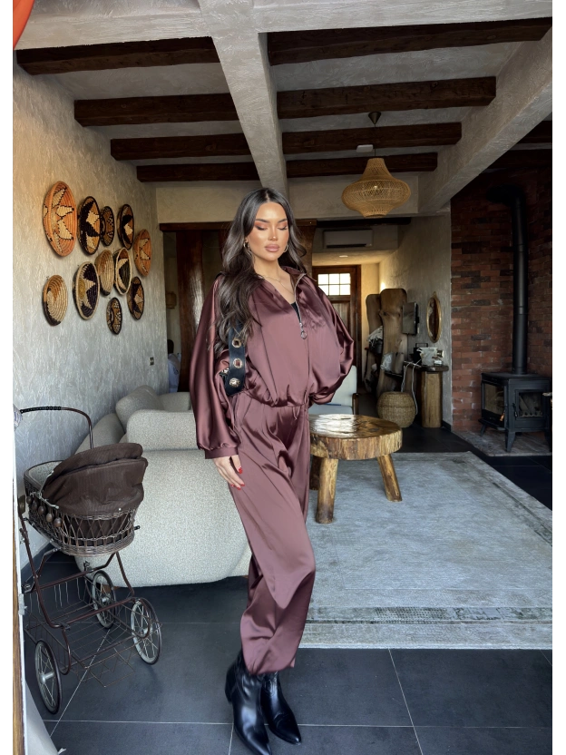 Kahverengi Saten Yarasa Kol İkili Takım