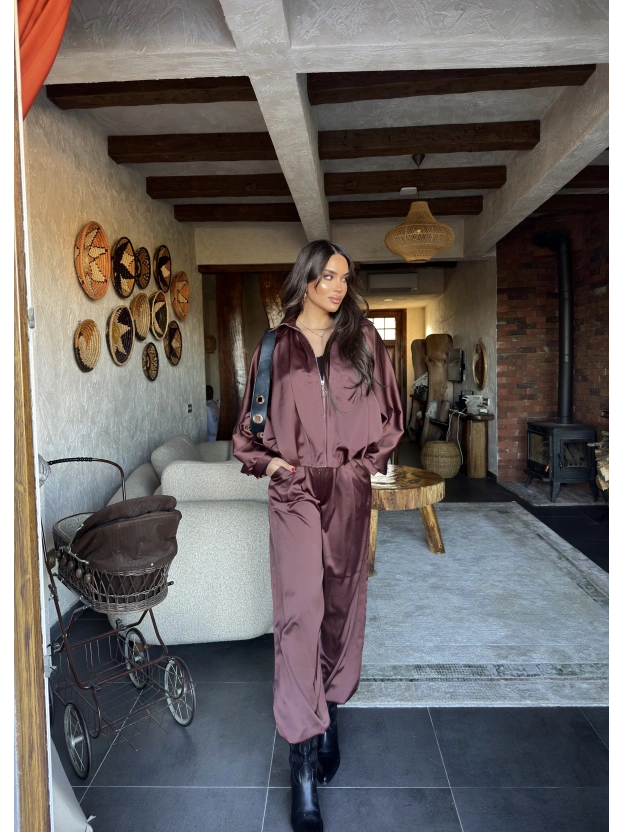 Kahverengi Saten Yarasa Kol İkili Takım