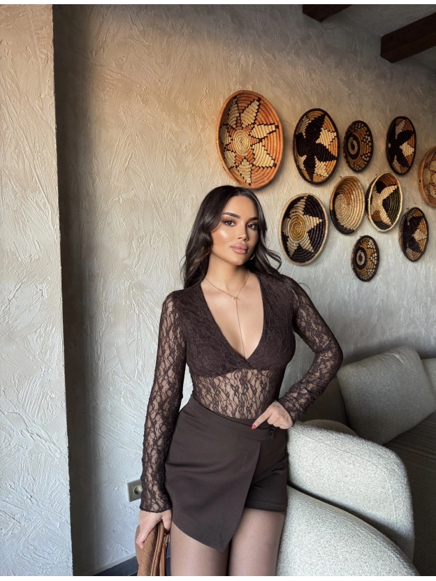 Kahverengi Dantel Bodysuit