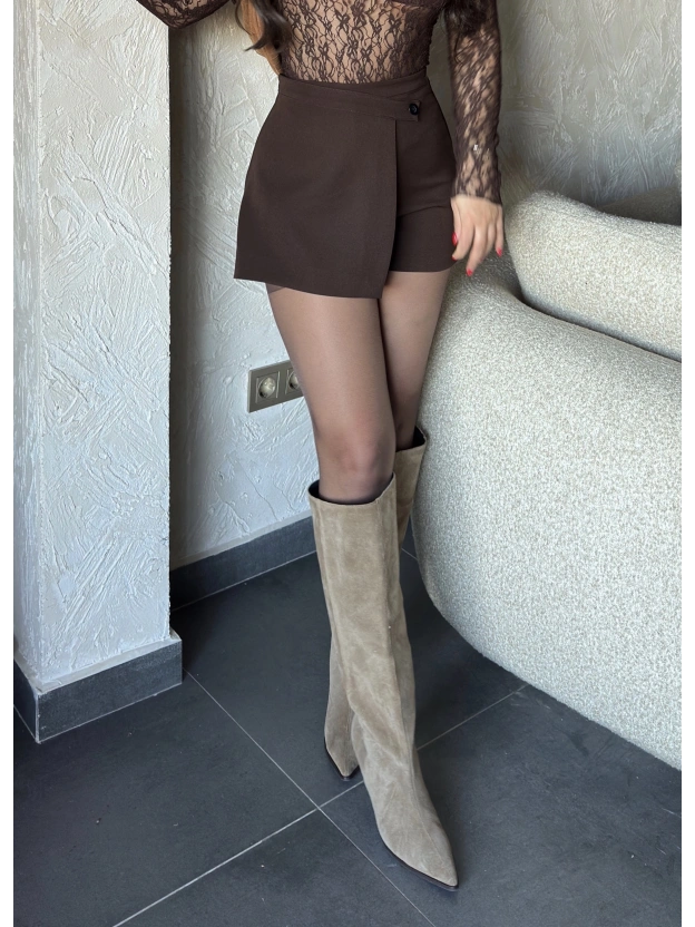 Kahverengi Asimetrik Şort Etek