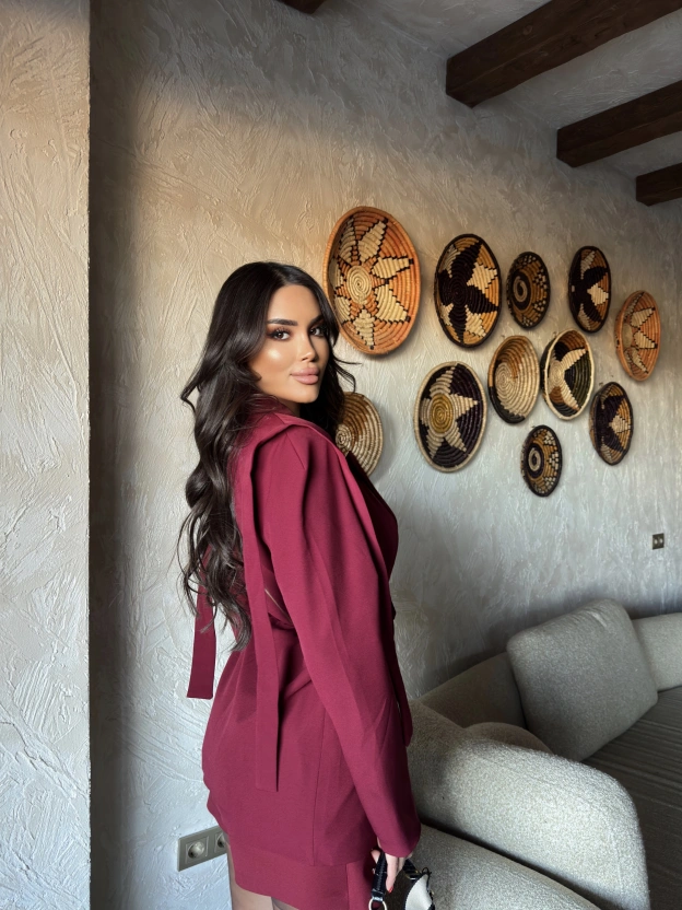 Bordo Omuz Detay Kuşaklı Blazer Ceket