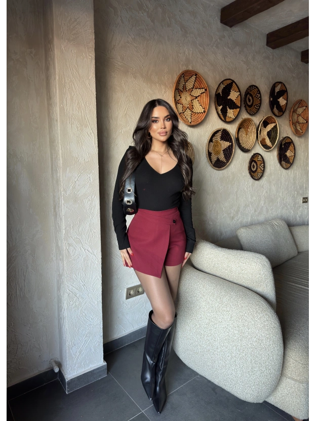 Bordo Asimetrik Şort Etek