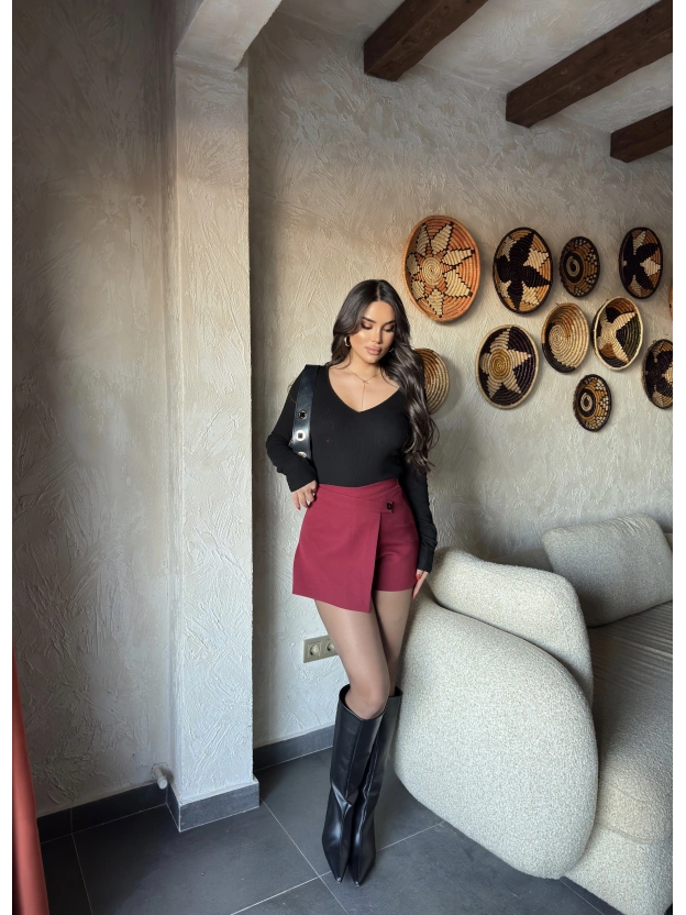 Bordo Asimetrik Şort Etek