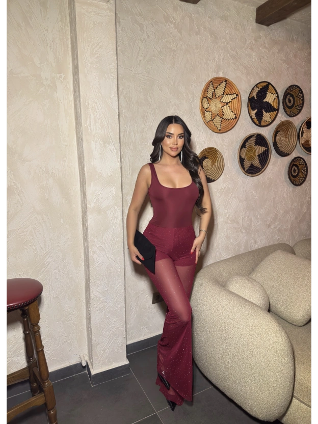 Bordo Kare Yaka Taşlı Tulum