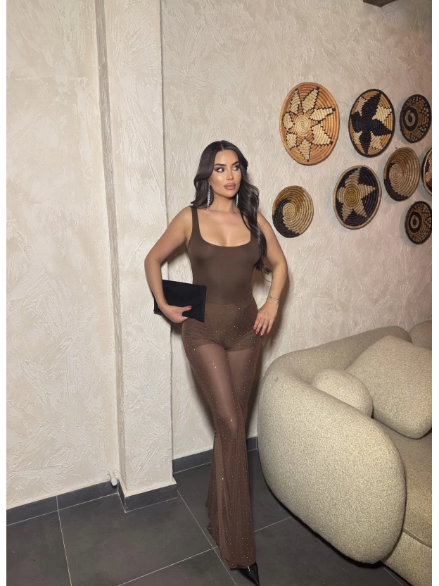 Kahverengi Kare Yaka Taşlı Tulum