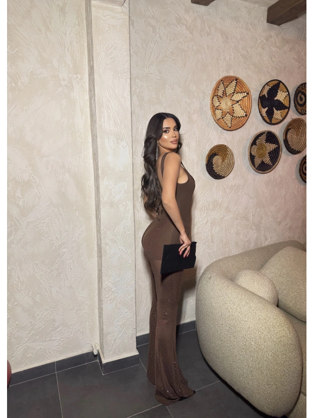 Kahverengi Kare Yaka Taşlı Tulum