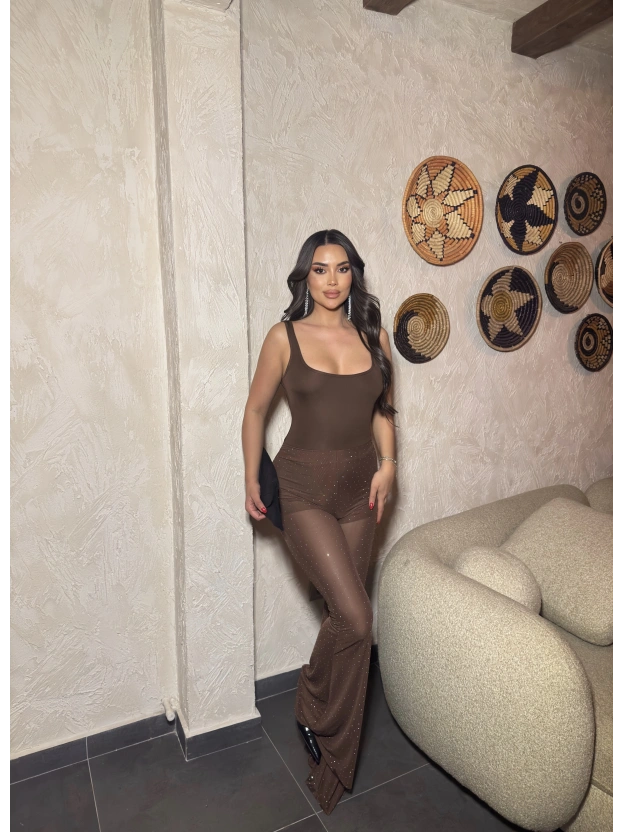 Kahverengi Kare Yaka Taşlı Tulum